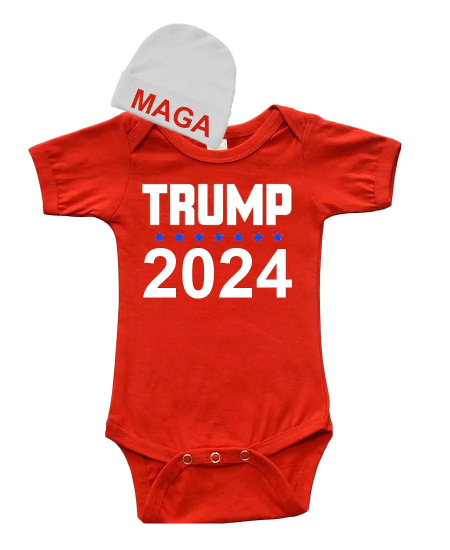 Republican Baby - bodysuit Short Sleeve Bodysuit and Cap Set- Trump 2024" (Red 12-18 Months)